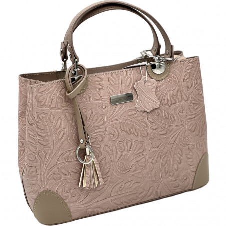 Geanta Piele Naturala de Dama cu Model Floral, Made in Italy, Curea de umar, 30x24x11,5 cm
