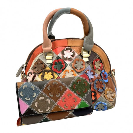 Set Cadou Dama Geanta + Portofel , Florescence Retro Collection, Made in Italy, Piele Naturala