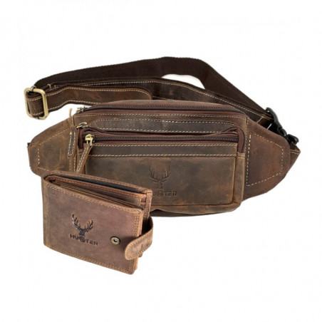 Set Cadou Barbati Borseta Brau si Portofel Maro, Hunter Royal, Piele Naturala