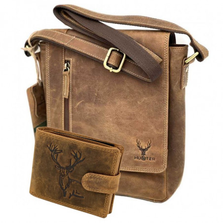 Set Cadou Bărbați Hunter Exclusive de culoare maro: portofel si borseta din piele naturala