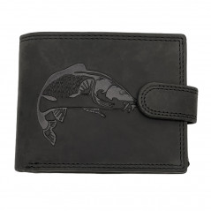 Portofel Barbati Piele naturala personalizat cu Crap, 9,5x12x2 cm, Negru, Protectie RFID, Hunter
