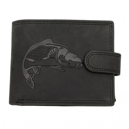 Portofel Barbati Piele naturala personalizat cu Crap, 9,5x12x2 cm, Negru, Protectie RFID, Hunter
