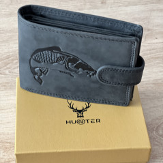 Portofel Barbati Piele naturala personalizat cu Crap, 9,5x12x2 cm, Negru, Protectie RFID, Hunter