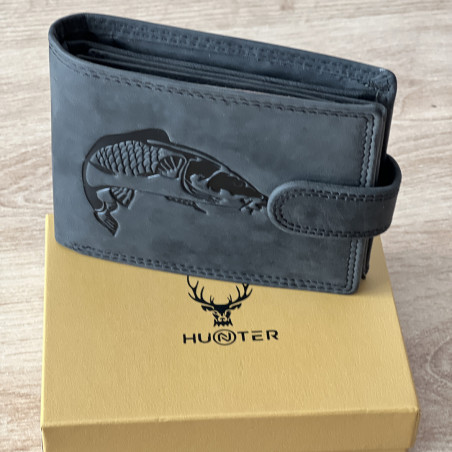 Portofel Barbati Piele naturala personalizat cu Crap, 9,5x12x2 cm, Negru, Protectie RFID, Hunter