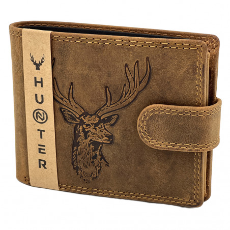 Portofel Piele pentru Barbati, Hunter Brand, Gold Edition, Gravat cu Cerb, Protectie RFID,12x10x2,5 cm