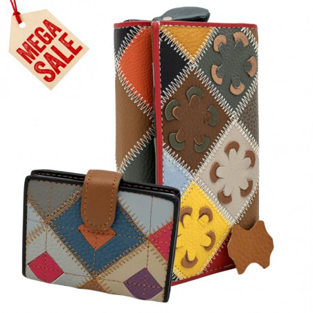set cadou femei compus din portofel multicolor si portcard din piele naturala
