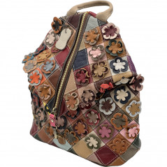 Rucsac Spatios pentru Femei din Piele Naturala cu Model Floral, Made in Italy, Flori Aplicate, 34x35x15 cm