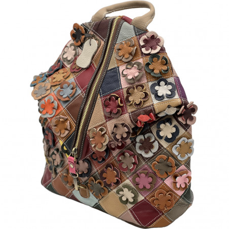 Rucsac Spatios pentru Femei din Piele Naturala cu Model Floral, Made in Italy, Flori Aplicate, 34x35x15 cm