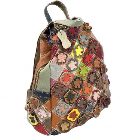 Rucsac de dama din Piele, Design Modern cu Flori Aplicate, Multicolor, 30x33x17 cm