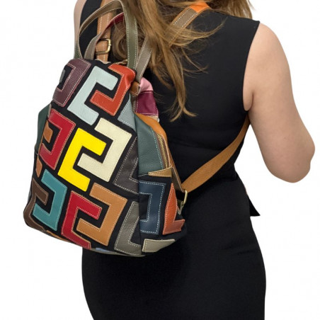 Rucsac de dama din piele cu design multicolor