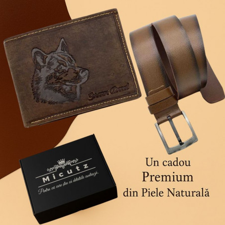 Set Cadou Barbati WildLife: Curea si Portofel Personalizat cu Lup din Piele