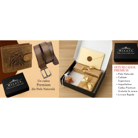 Pachet Cadou pentru Barbati Eagle Spirit: Portofel Piele personalizat cu Vultur + Curea Piele Naturala