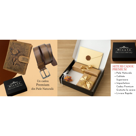 Set Cadou Barbati Hunter Trophy: Portofel Piele Vertical+ Curea Piele Naturala