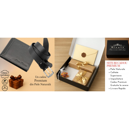Set Cadou Barbati Imperial Bianco: Portofel Negru + Curea din Piele Naturala