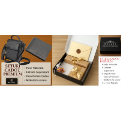 Set Cadou Barbati Luxury Bianco: Borseta Hunter Piele Nappa+ Portofel Piele Naturala Corvo Bianco