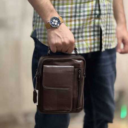 Geanta de Umar Barbati din Piele Naturala, Compartiment Smartphone, Maner, Bretele Detasabile, 18x23x6 cm