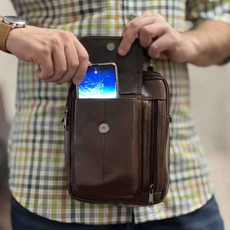 Geanta de Umar Barbati din Piele Naturala, Compartiment Smartphone, Maner, Bretele Detasabile, 18x23x6 cm