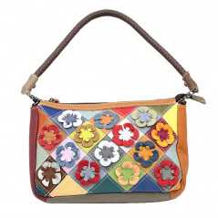 Genta dama cu imprimeu floral, Flori Aplicate Multicolore, Piele Naturala, Maner si Bretele Detasabile, 27x16x7 cm