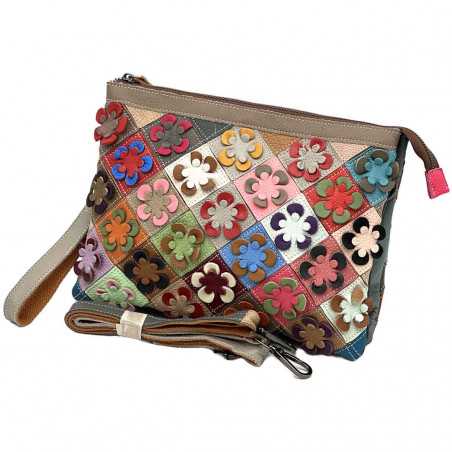 Genta dama tip poseta cu imprimeu floral, 28x21x3/7 cm, Bretele Umar si Curelusa de Mana Detasabile, Piele Naturala