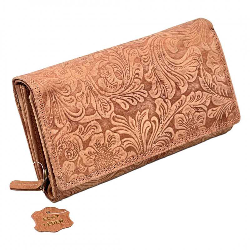 Portofele Vintage Dama Auriu / Nude cu Imprimeu floral in Relief, Protectie RFID, Piele Naturala, 18.5 x 10 x 3.5 cm