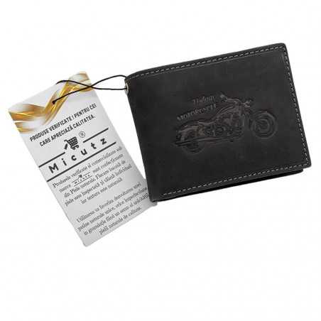 Portofel Barbati din Piele personalizat cu motocicleta, accesorizat cu lant, Negru Vintage, 12x10x2 cm