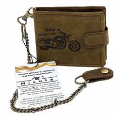 Portofel Barbati Personalizat Micutz® Moto Vintage Maro, 12,5x10x2 cm, Lant pentru Prindere, Piele Naturala