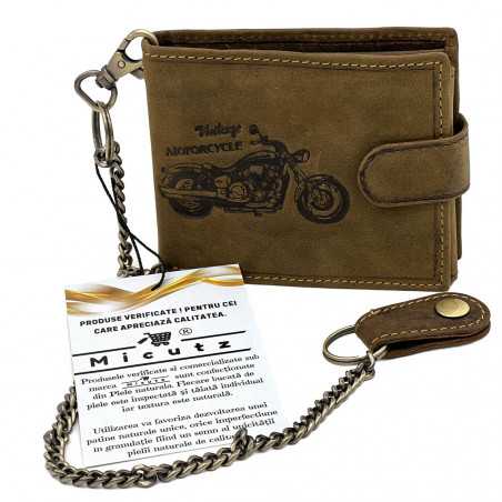 Portofel Barbati Personalizat Micutz® Moto Vintage Maro, 12,5x10x2 cm, Lant pentru Prindere, Piele Naturala