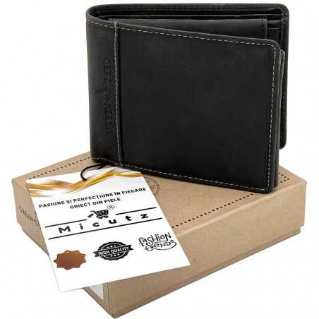 Portofel Negru pentru barbati din Piele Naturala de Bovina, 12x10x2 cm