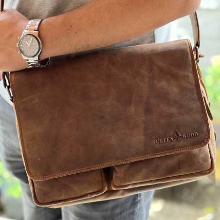 Geanta Umar Barbati Green Wood Vintage din Piele Naturala, Compatibila cu Laptop 14 inch, Documente A4, Tablete